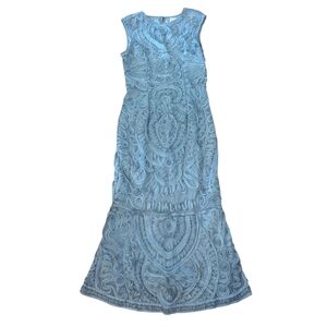 JS Collections 3D Scrolling Ribbon Ruffle  Slate Blue Sleeveless Sheath Dress 10